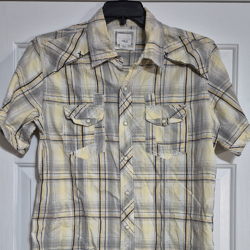 BKE Shirt Mens Large Western Plaid Pearl Snaps Short Sleeve